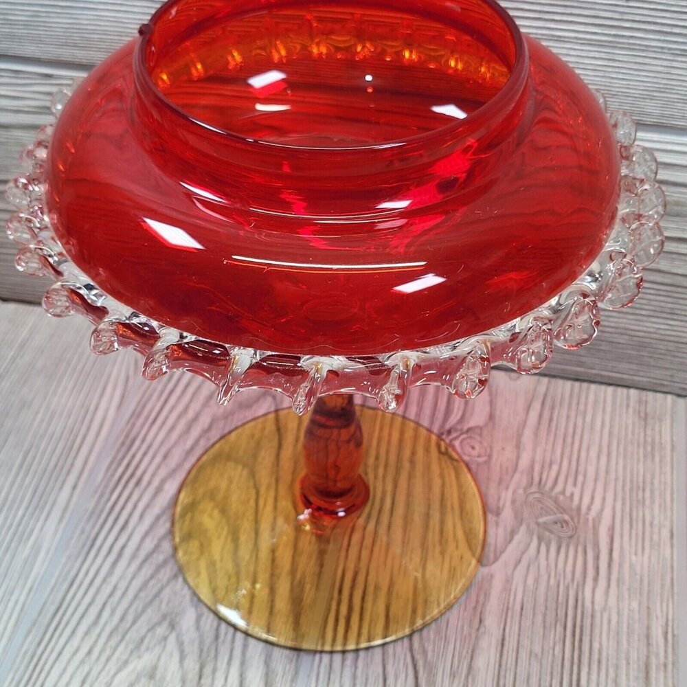 Vintage Ruby Red Art Glass Pedestal Compote Bowl Clear Ruffled Edge 7.5 Inch